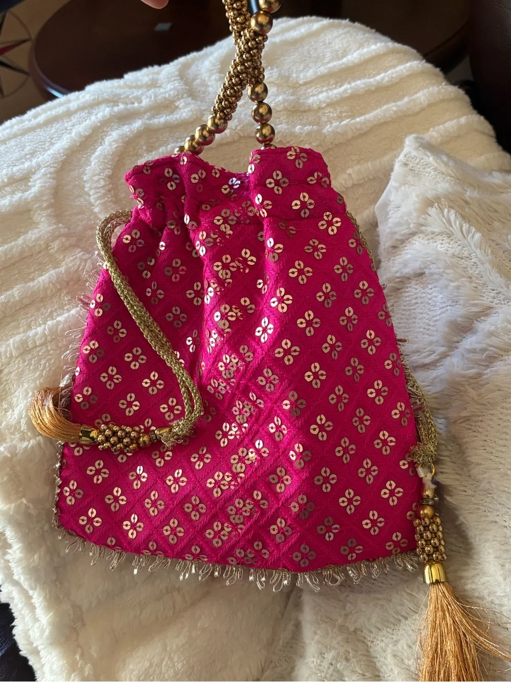 Ethnic Indian Wear Hot Pink Embellished Evening Potli with Gold Tassels